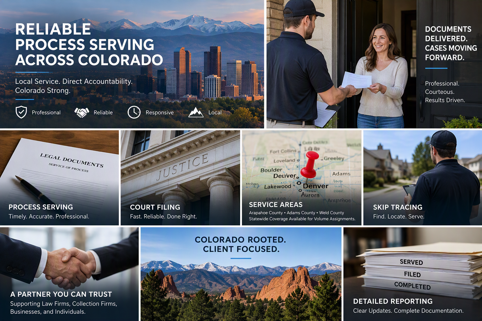 A promotional graphic for a legal service company featuring a city skyline and mountains, with images of legal documents, a courthouse, a map with a pin on Denver, a handshake, and a stacked pile of paperwork, highlighting services such as legal documents, court filing, service areas, skip tracing, trusted partnerships, and detailed reporting.