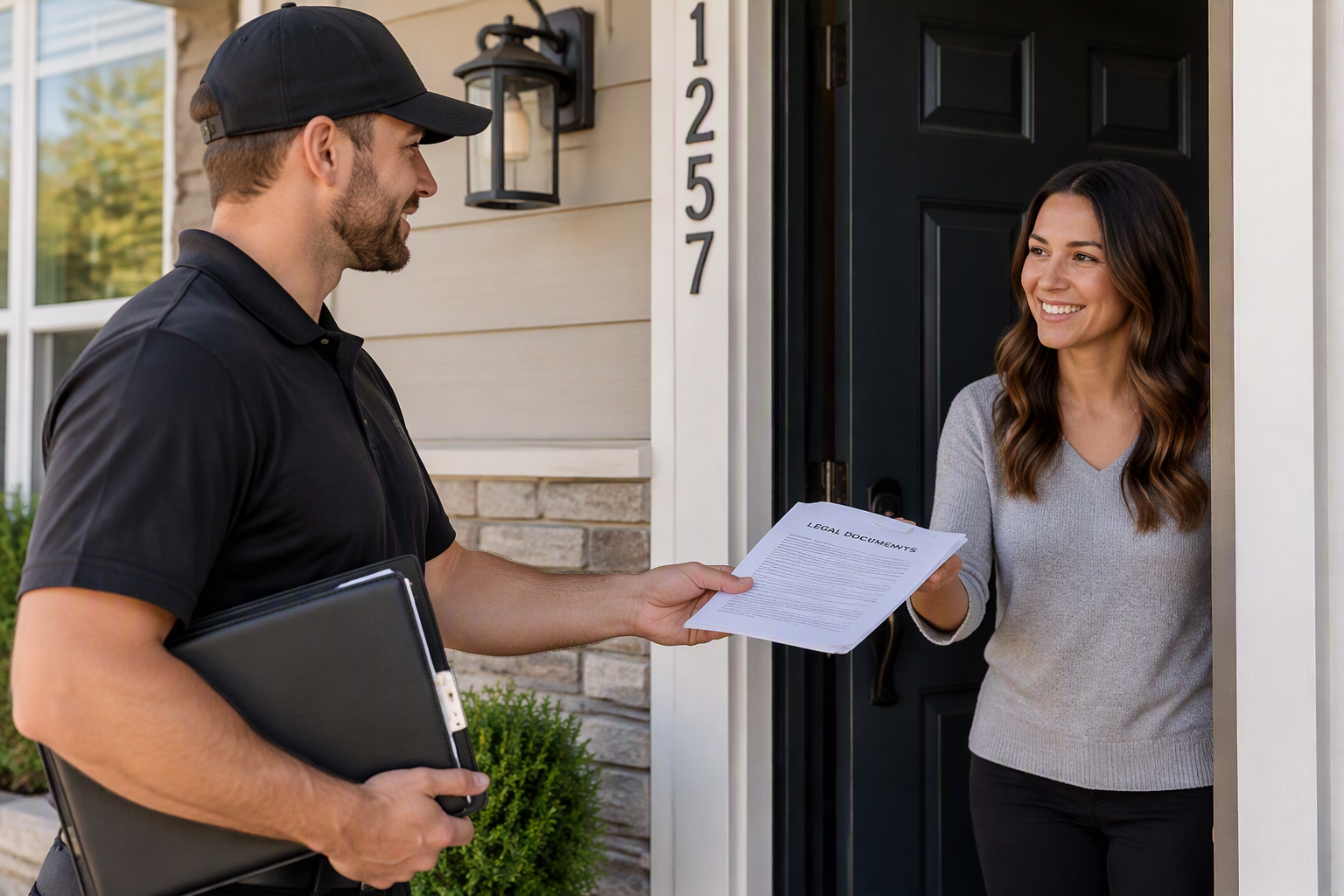 A delivery person handing over legal documents to a woman standing at her front door of her home.