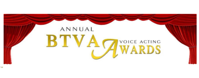 Stage with red curtains and a banner displaying 'Annual BTVA Voice Acting Awards' in gold and black lettering.