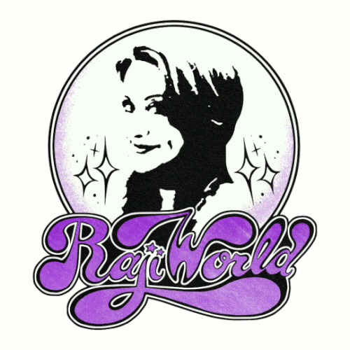 A stylized illustration of a woman with blonde hair and a large hand, surrounded by sparkles, with the text "RayWolff" in purple cursive below.