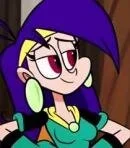 Animated cartoon character with purple hair, glasses, and a green outfit.