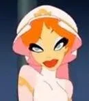 Animation of a woman with orange hair, wearing a white headband, and a pink top.