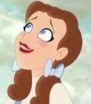 Animated cartoon girl with brown hair, blue eyes, and a light blue bow, smiling and looking upwards