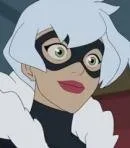 Cartoon character with white hair, glasses, and a black outfit, smiling
