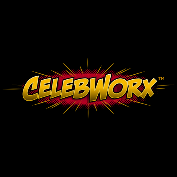 Logo of CelebWorx with bold yellow and red lettering and comic-style explosion background on black