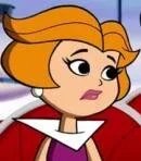 Animated character with red hair and a serious expression, wearing a regal outfit and cape.