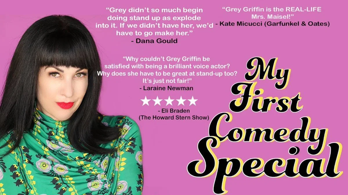 A woman with long black hair and bangs, wearing a green floral scarf, looking at the camera with a neutral expression. The background is purple with quotes about Grey Griffin from various sources and the bold text 'My First Comedy Special' in black and yellow.