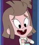 Cartoon girl with brown hair, big eyes, and a wide smile, wearing a purple shirt.