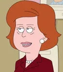 A cartoon woman with red hair, wearing a maroon top, appears to be speaking or reacting with a neutral expression.