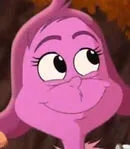 Close-up of a cartoon character with purple skin and large, expressive eyes.