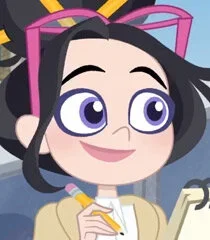 Cartoon girl with glasses and black hair styled in a bun, smiling, holding a pencil, with a background of pink glasses.