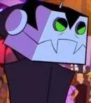 Animated character with purple skin, green eyes, and sharp teeth, wearing a black outfit, in a colorful cartoon scene.
