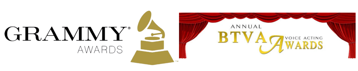Logos for the Grammy Awards and the BTVA Voice Acting Awards with a red curtain background.
