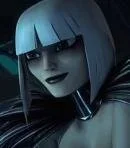 A woman with blue hair and dark makeup, wearing a black cape, looking at the camera