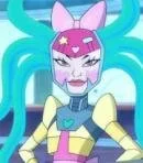 Animated character with pink hair, blue eyes, and a mask, dressed in futuristic armor with a cheerful expression.