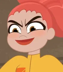 Animated character with red hair, smiling mischievously, wearing a yellow top.
