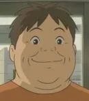 A cartoon character with short dark hair, a round face, and a friendly expression