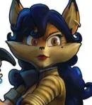 A animated character with dark blue hair, glasses, and fox-like features, including furry ears and a tail, wearing a light-colored shirt and dark jacket.