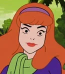 Animated girl with red hair, wearing a purple outfit and green scarf, standing outdoors with trees in the background.