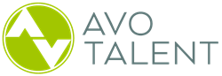Logo of AVO TALENT, featuring a black stylized 'A' and 'V' within a green circle, with the text 'AVO TALENT' in black and blue.