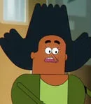 Cartoon character with large black hat, curly hair, and green clothing, looking surprised.