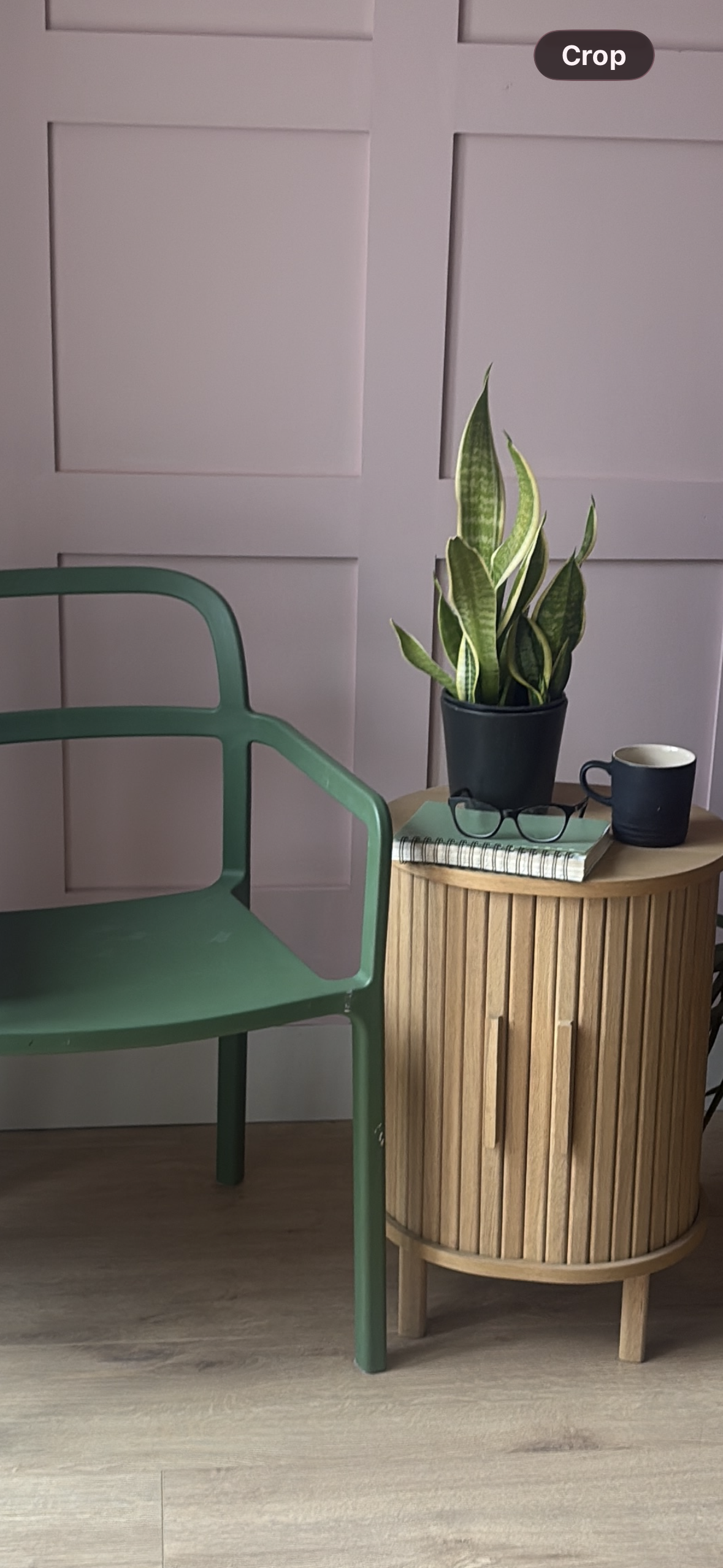 A living room corner with a pink paneled wall, a green chair, and a wooden round side table. The table has a potted snake plant, a notebook, a pair of glasses, a dark mug, and a small light-colored cup.