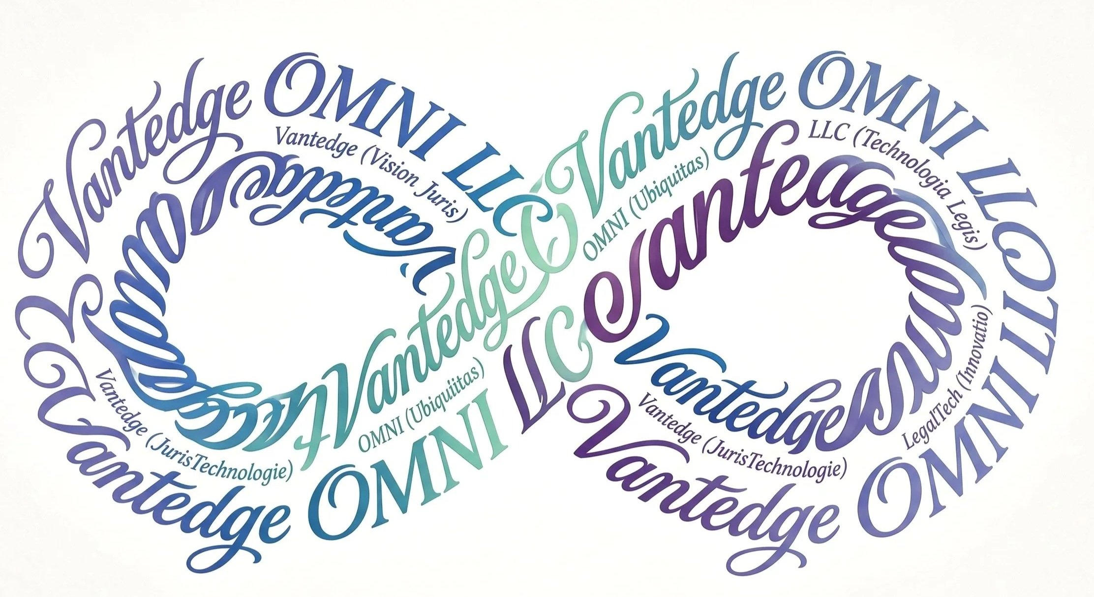 Word cloud in the shape of an infinity symbol with words like 'Vantedge''OMNI' 'OMV,' 'LegalTech,' 'JurIs,' and 'Ubiquitas' in various colors including blue, green, purple, and teal.