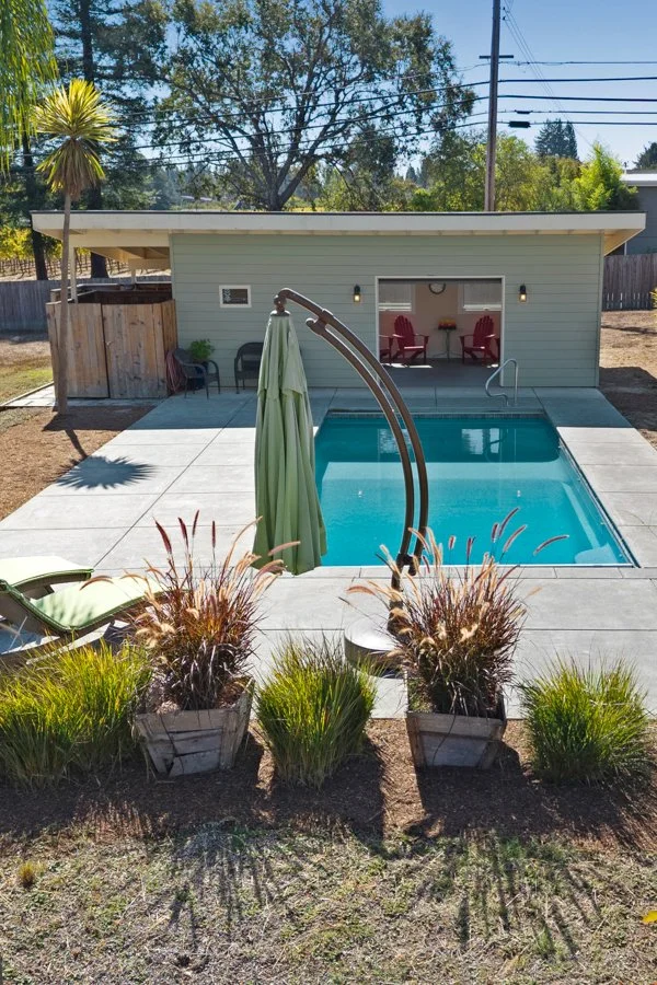 Backyard with small swimming pool, patio area, and a pool house or shed, surrounded by plants and trees.