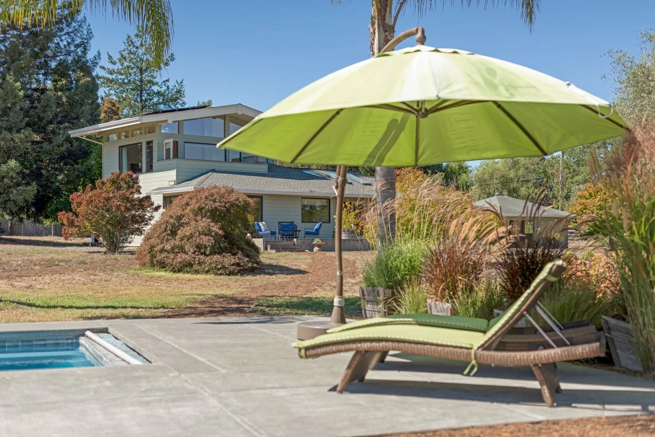 Backyard with a swimming pool, green lounge chair, large green umbrella, surrounding bushes, and a modern multi-story house in the background, under a clear blue sky.