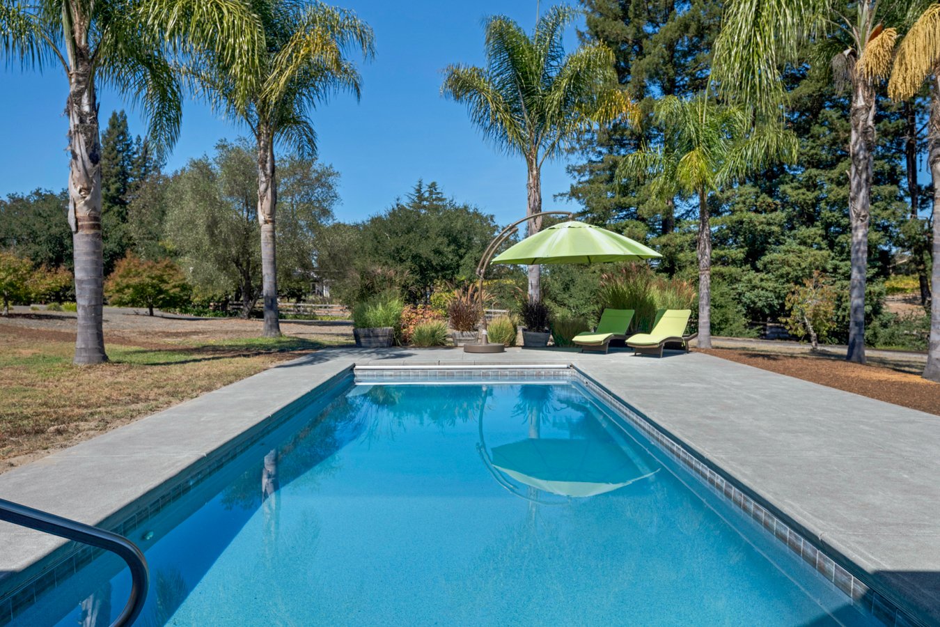 Swimming pool with lounge chairs, umbrella, and trees in the background.