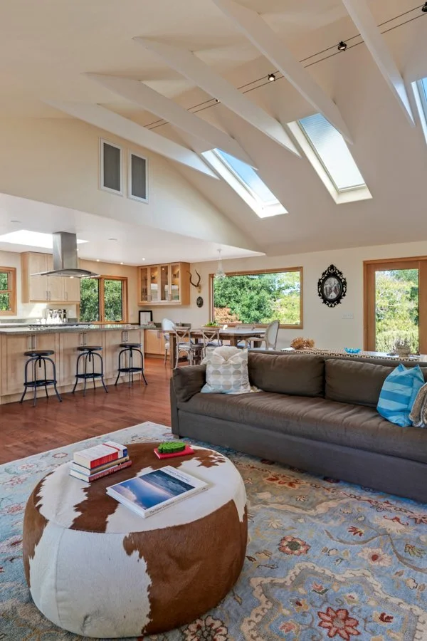 Open-concept living room and kitchen with vaulted ceiling and skylights, featuring a gray sofa, a cowhide ottoman, and large windows showing greenery outside.
