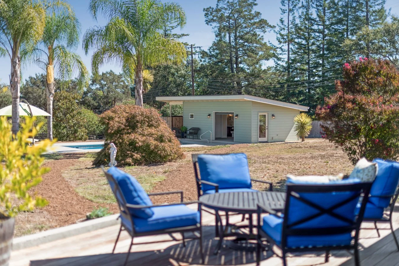 A backyard patio with a round table and blue cushioned chairs, surrounded by various trees and bushes, with a small building and a swimming pool in the background under a clear blue sky.