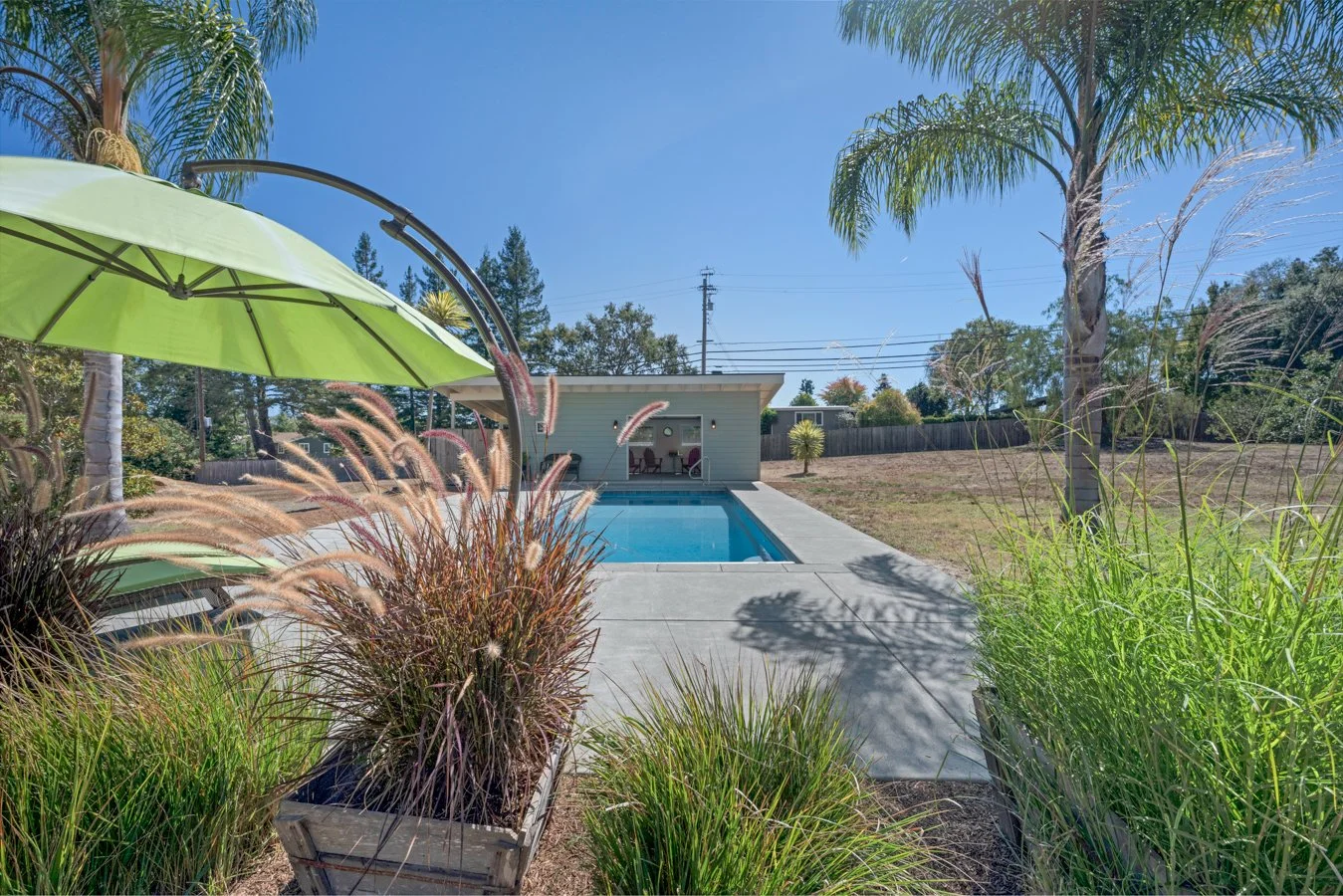 Backyard with swimming pool, green umbrella, lounge chairs, palm trees, and a small outdoor structure under a clear blue sky.