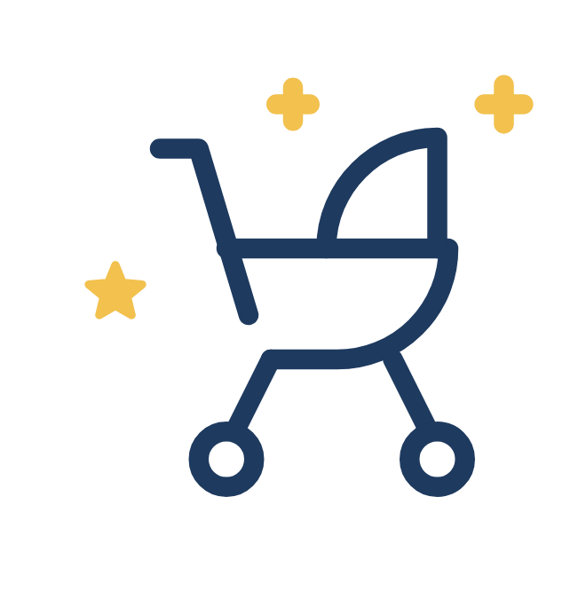 Graphic of a baby stroller with stars around it.