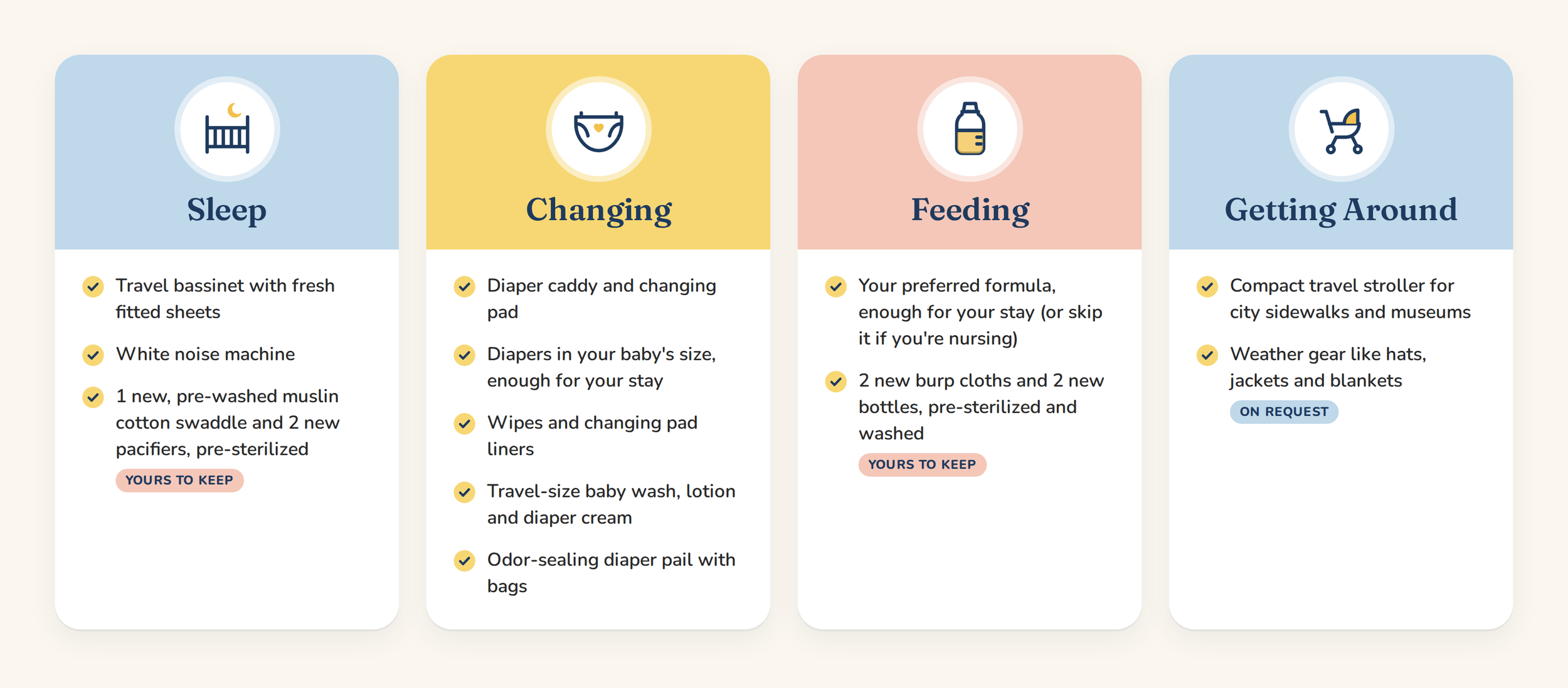 An infographic outlining essential baby care supplies and tips for sleep, changing, feeding, and getting around. It includes icons and lists for each section: sleep with a travel bassinet, white noise machine, and muslin clothes; changing with a diaper caddy, diapers, wipes, and diaper cream; feeding with bottles, burp cloths, and sterilized bottles; and getting around with a stroller, weather gear, and masks.