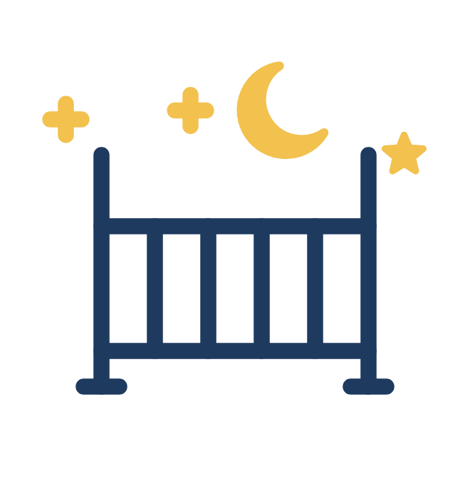 Nighttime scene of a baby crib with a moon, stars, and clouds above it.