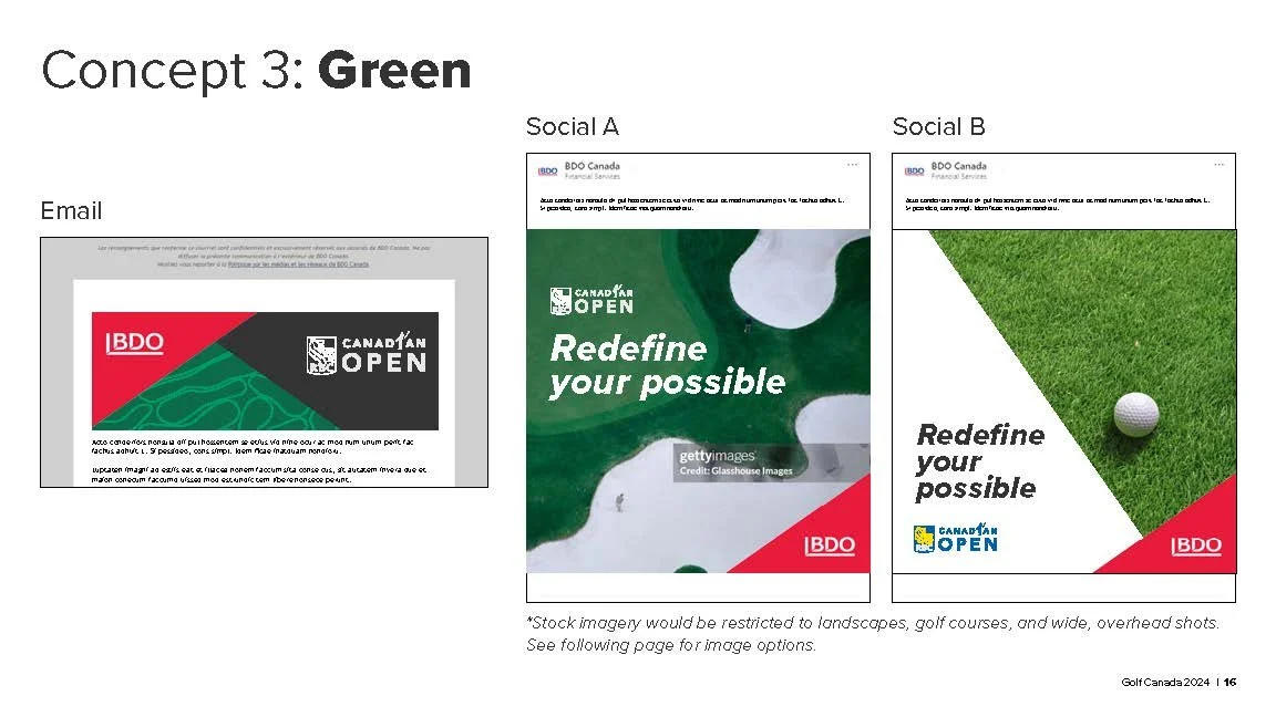 A presentation slide showing concept 3: Green for BDO Canada's advertising campaign for the Canadian Open golf tournament. The slide displays an email example with the BDO logo, Canadian Open logo, and two social media post mockups labeled Social A and Social B, featuring the slogan 'Redefine your possible'. The Social A post has a green abstract background, and the Social B post has an image of a golf ball on grass.