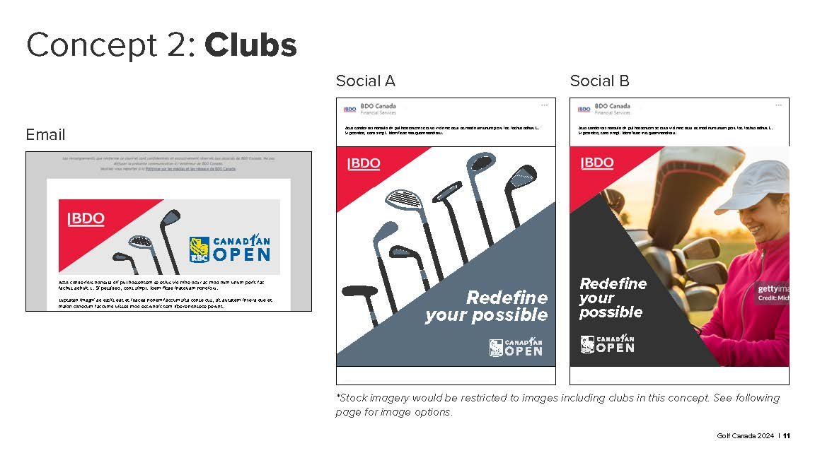 Design concept for a golf-related marketing campaign by BDO Canada, featuring email and social media visuals. The email includes a graphic of golf clubs with the Canadian Open logo. The social media visuals display golf clubs and a person playing golf, with the slogan 'Redefine your possible'.