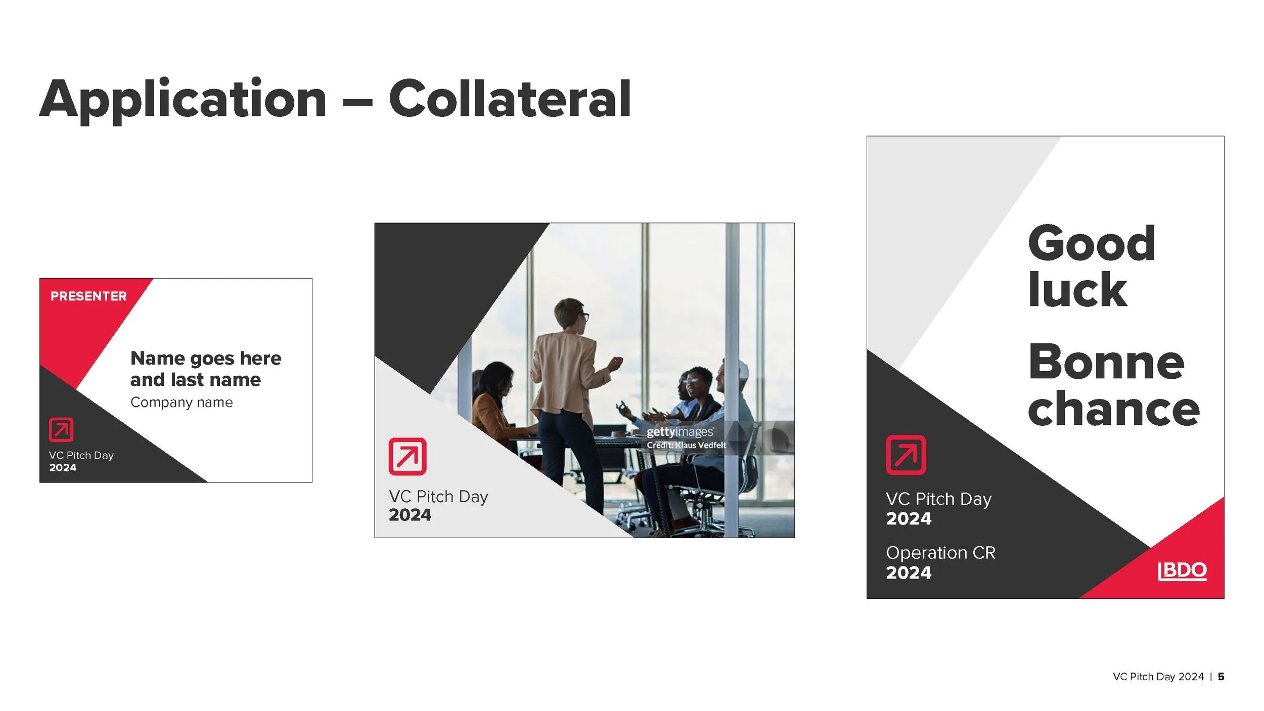 Slides from a presentation for VC Pitch Day 2024, featuring a woman speaking to a group of people in a modern office, with a title that reads 'Application – Collateral' and phrases like 'Good luck' and 'Bonne chance'.