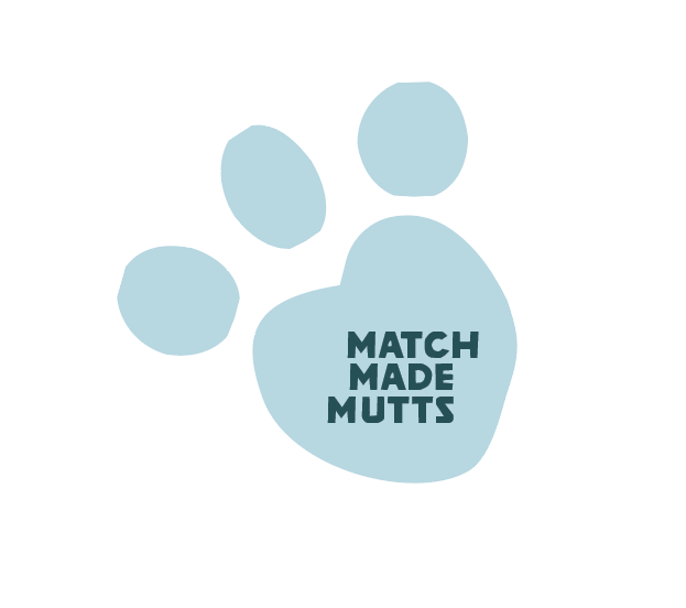 A light blue paw print with the words 'Match Made Mutts' inside the largest pad.
