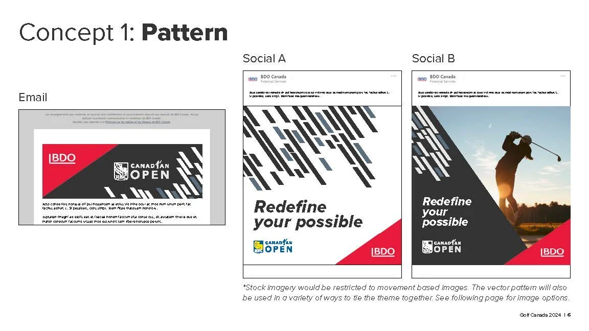Image showing a concept of patterns for social media, including an email mockup and two social media post designs with the text 'Redefine your possible,' featuring HDB Canada and BDO logos.