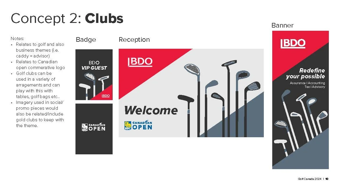 Golf club graphic display including badge, reception area, and banner for BDO with logos for the Canadian Open, featuring golf clubs, and notes about social media imagery and golf themes.