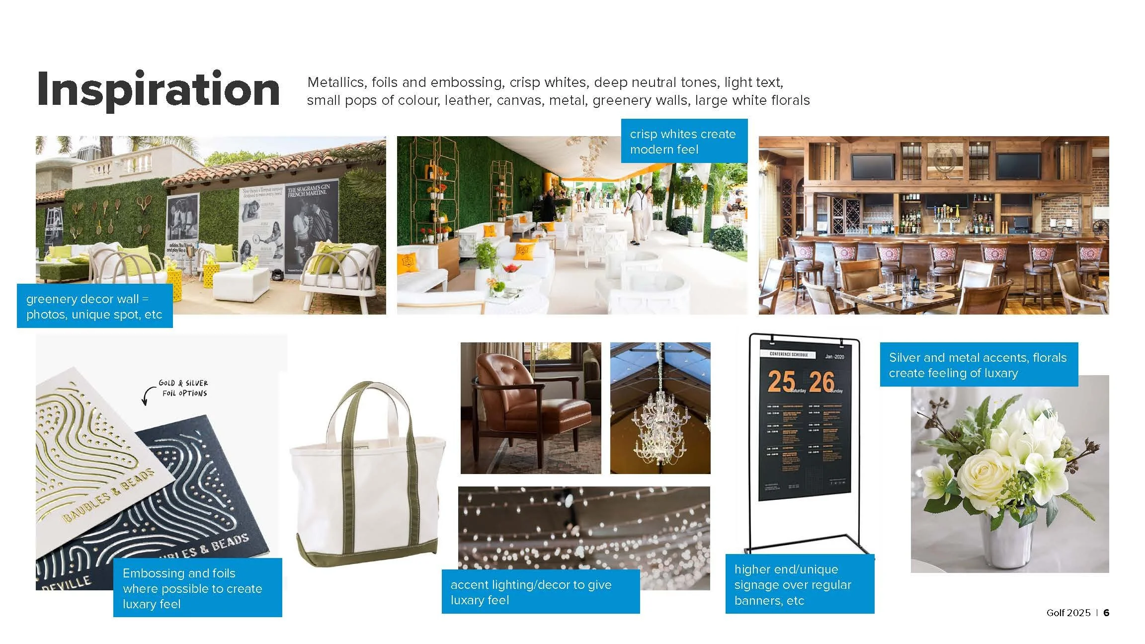A collage of interior and exterior decor ideas for luxury spaces, including greenery decor walls, modern lounge seating, a wooden bar with barstools, and design elements such as embossed foils, signage, and floral arrangements.
