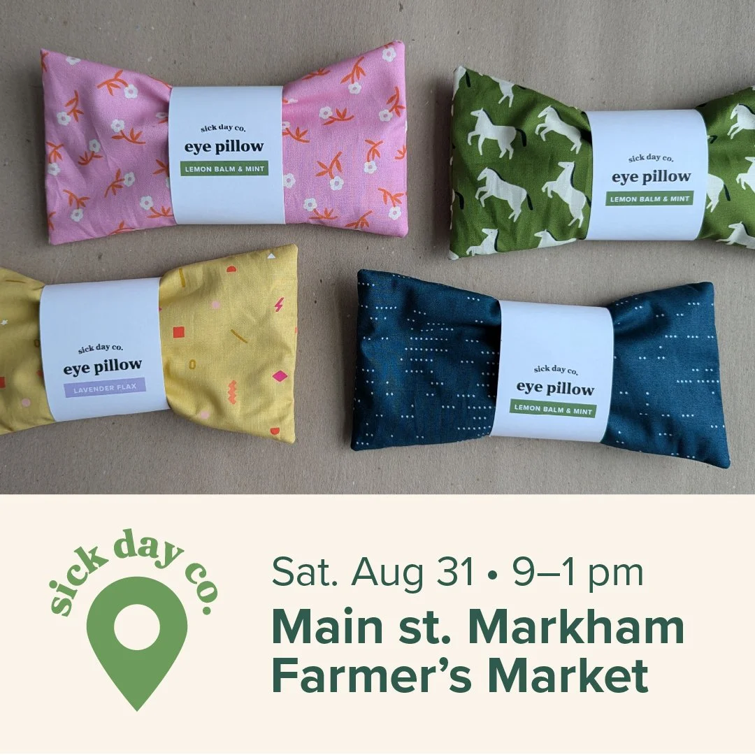 Four fabric eye pillows with colorful patterns and labels, arranged on a beige background, advertising a market event held on Saturday, August 31 from 9 am to 1 pm at Main St. Markham Farmer's Market.