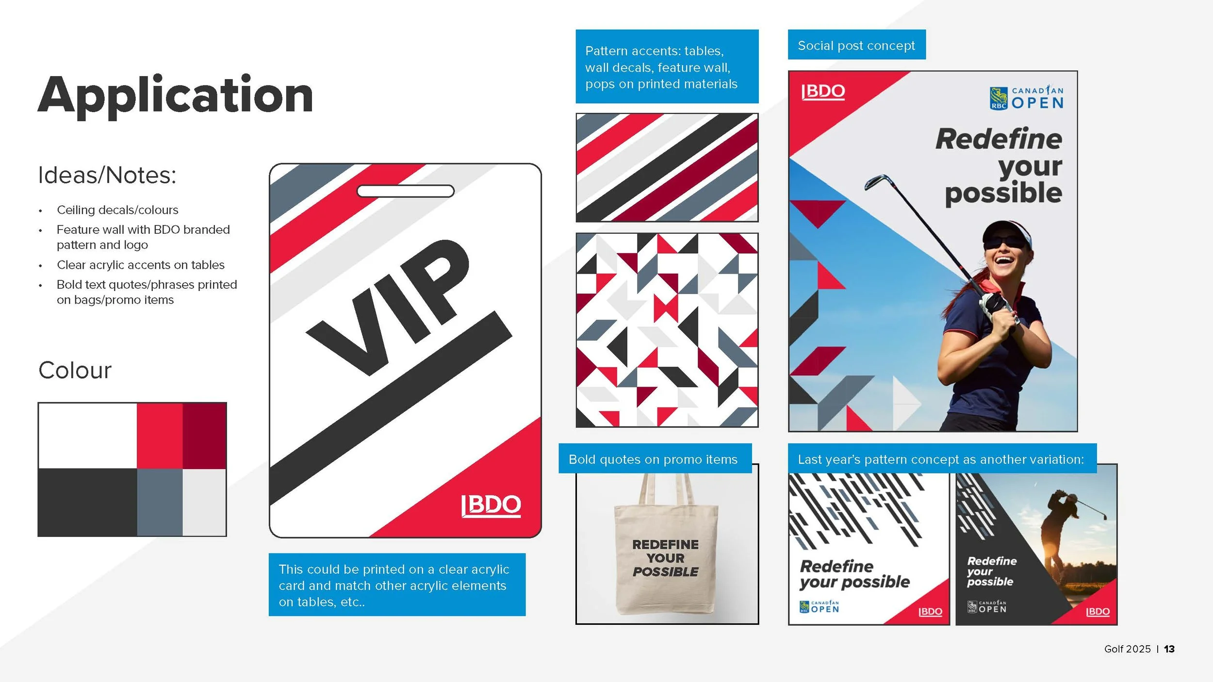 A presentation slide showing different graphic design patterns with a focus on red, black, gray, and white colors, and including a photo of a woman smiling and holding a golf club. The slide contains text about design ideas and notes, with examples of patterns and quotes for promotional items.