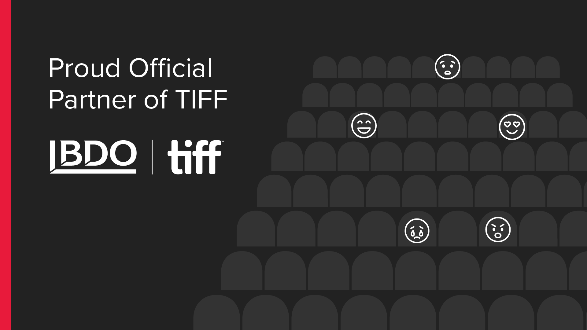 Event poster with text 'Proud Official Partner of TIFF' and smiling, sad, loving, angry, and crying emoji faces on a dark background.