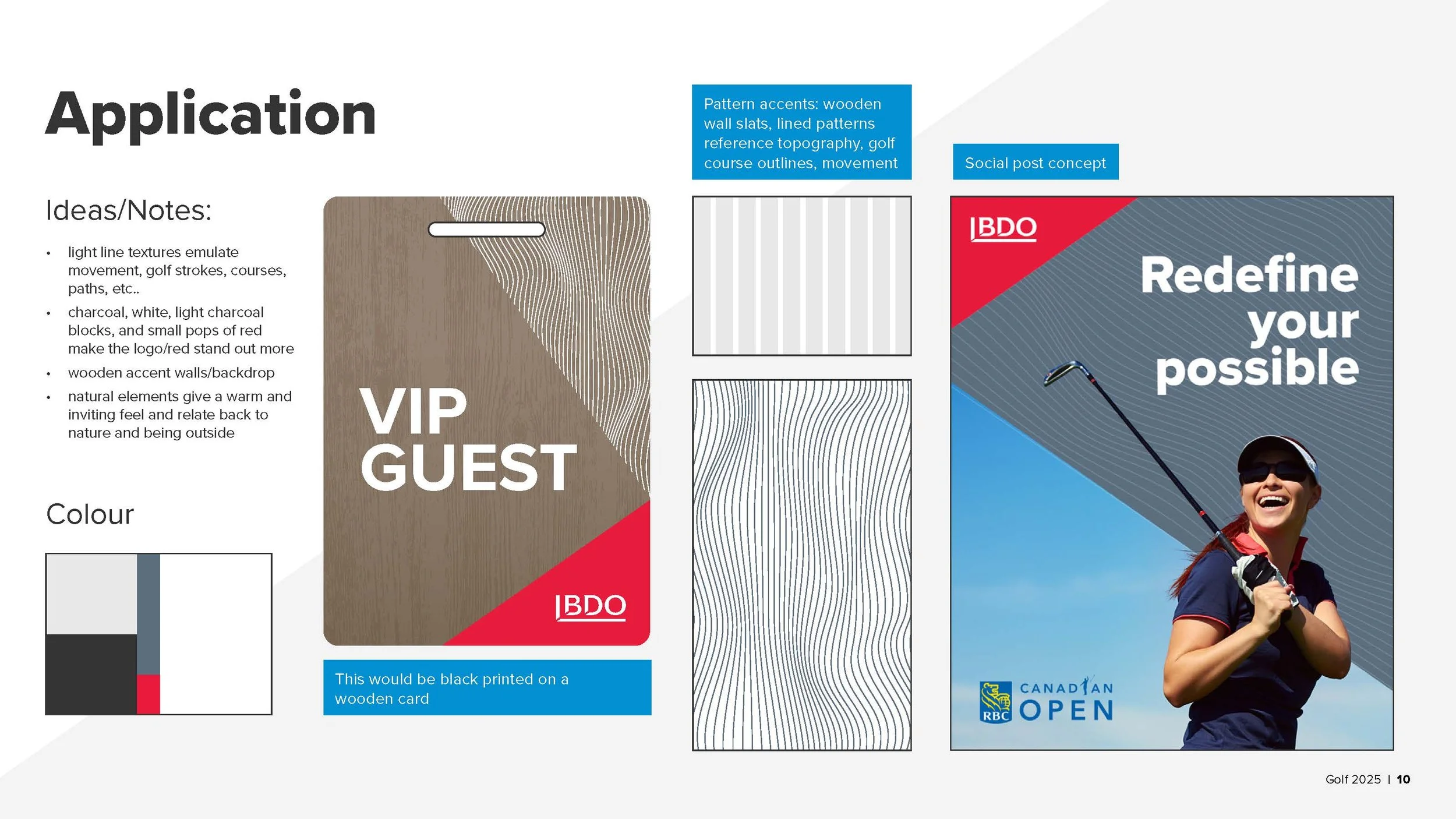 A graphic design layout for a golf event, featuring a wooden accent wall with the text 'VIP GUEST,' a golfer smiling and holding a golf club wearing sunglasses and a cap, and various design elements with patterns and notes on application ideas and notes for branding.