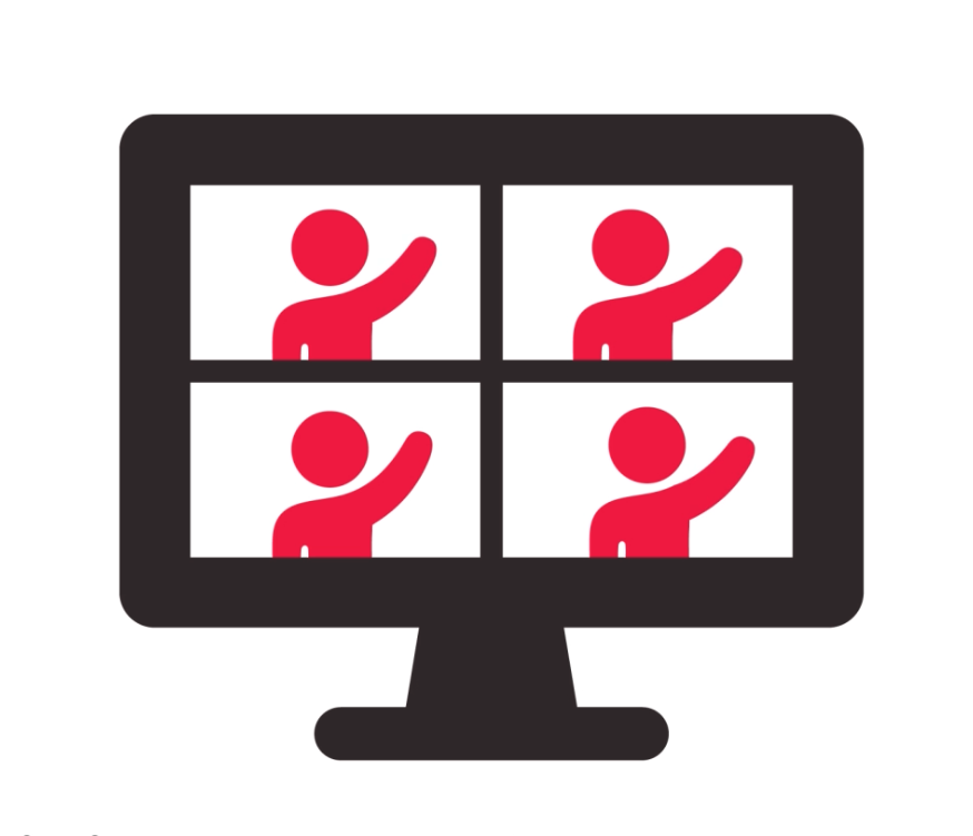 Icon of a computer screen showing four people in video conference, each raising a hand.