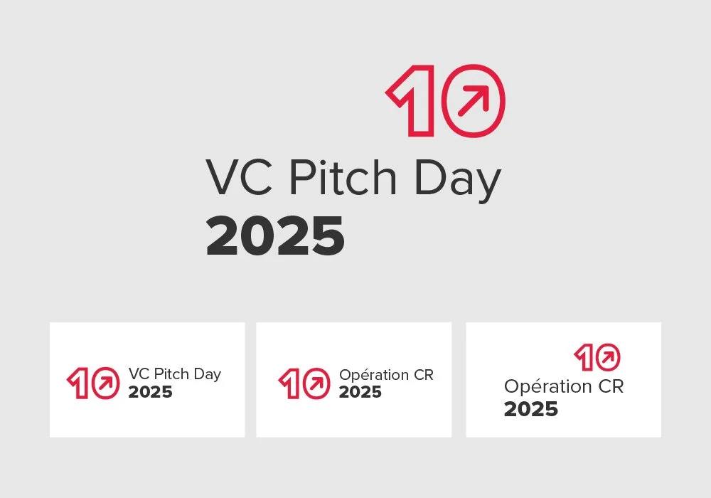 Event poster for VC Pitch Day 2025 with the number 10 and an upward arrow in a red circle at the top and below it text in English and French, with three smaller versions of the same logo and text.