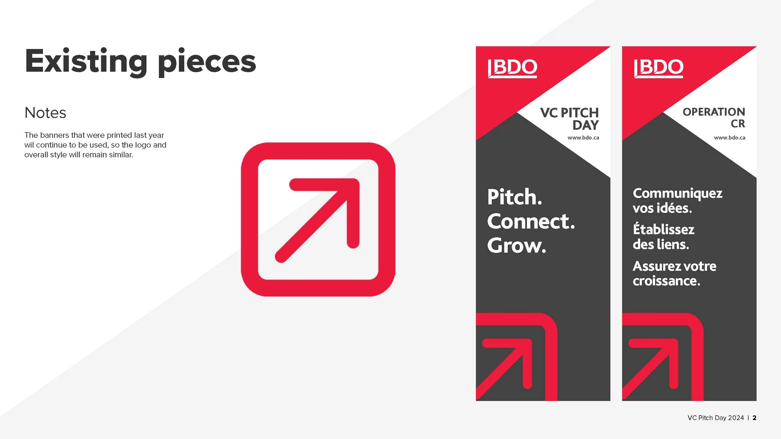 Presentation slide displaying logos and slogans for BDO with themes of connecting, growing, and pitching ideas visually represented by a red arrow icon.